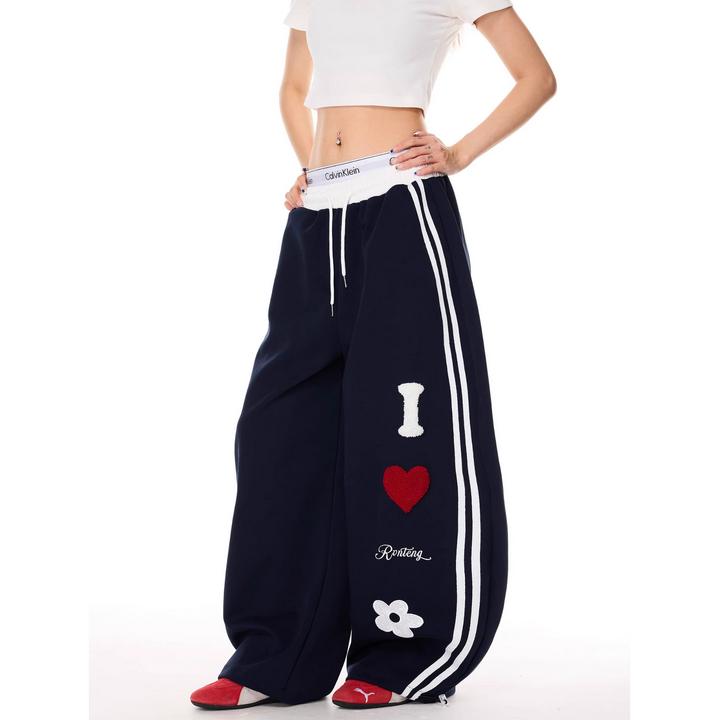 美式字母爱心刺绣休闲运动卫裤女条纹爵士舞阔腿裤街头风街舞裤子