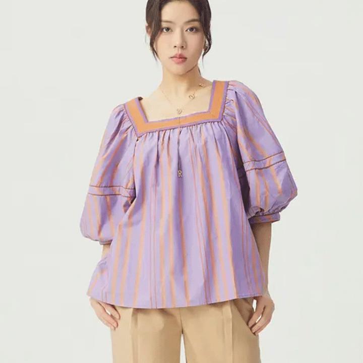 哥弟阿玛施正2025秋装新款百搭通勤法式衬衣条纹五分袖方领衬衫女