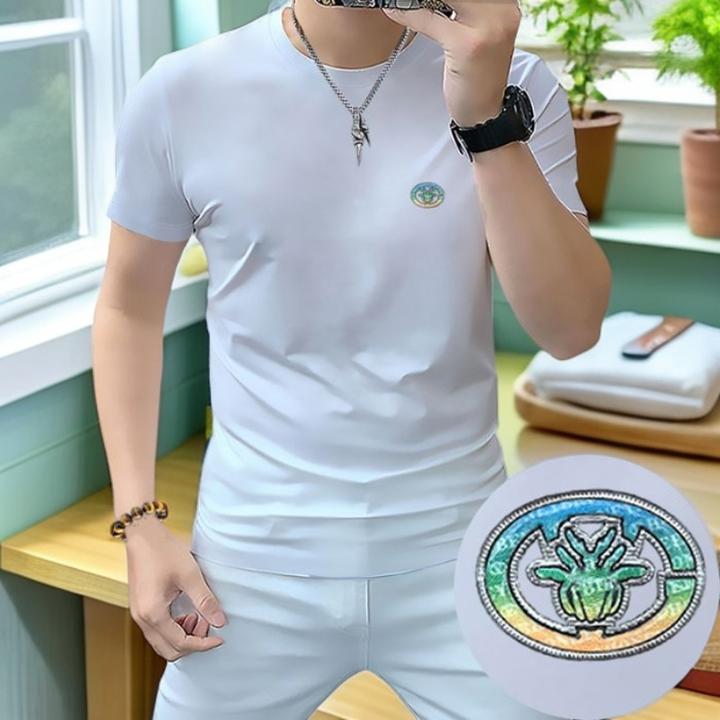 娜罗普西男士短袖t恤圆领衫丝光棉男装半袖上衣立体烫钻字母灰绿