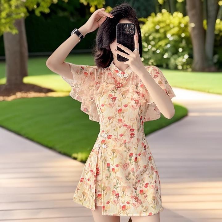 实拍新款气质年轻新中式连衣裙套装碎花旗袍改良款日常小个子夏