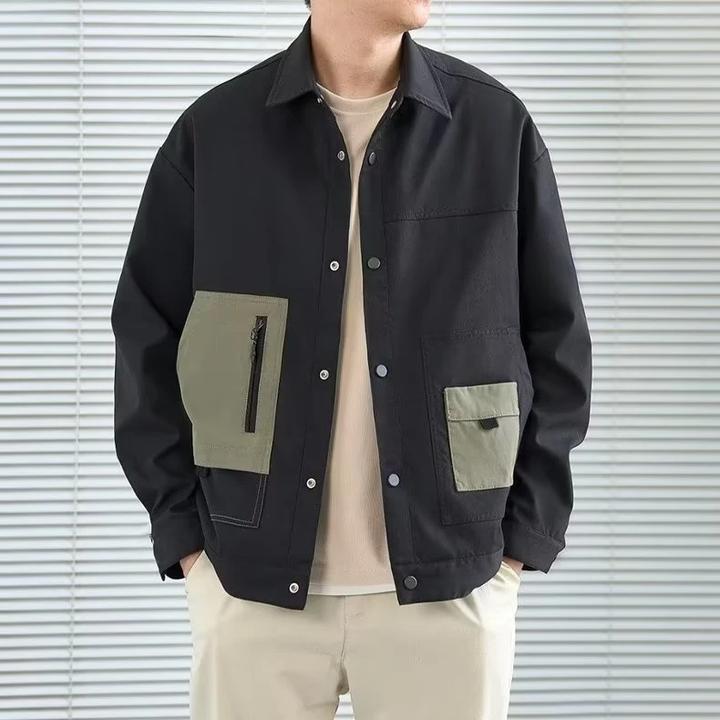 工装翻领外套春秋季新款韩版拼接撞色休闲夹克潮流男士宽松上衣服
