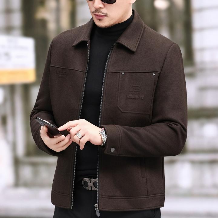 2025轻奢男装翻领羊毛保暖外套秋冬男士毛呢夹克短款加厚时尚上衣