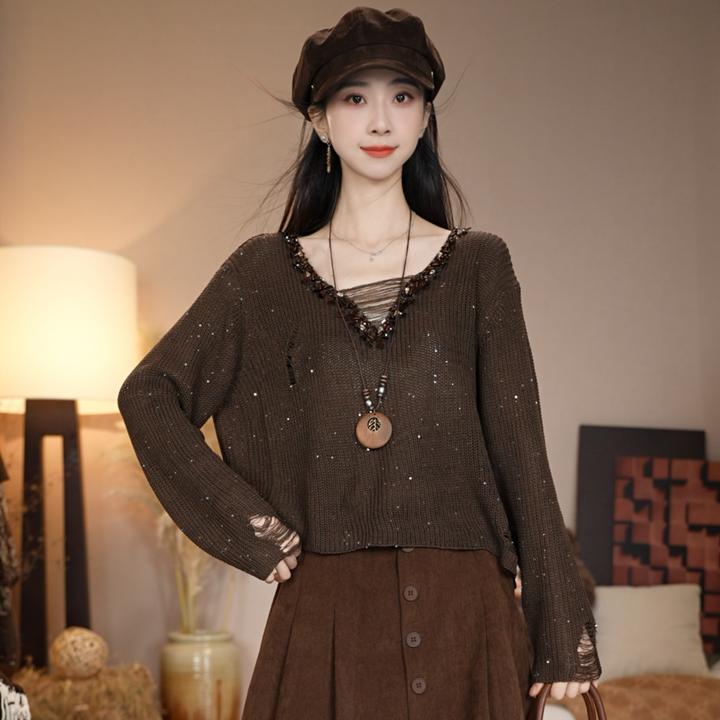 【不能机洗】唐乐乐｜25new秋冬V领亮片宽松遮肉小众长袖上衣 BF1855