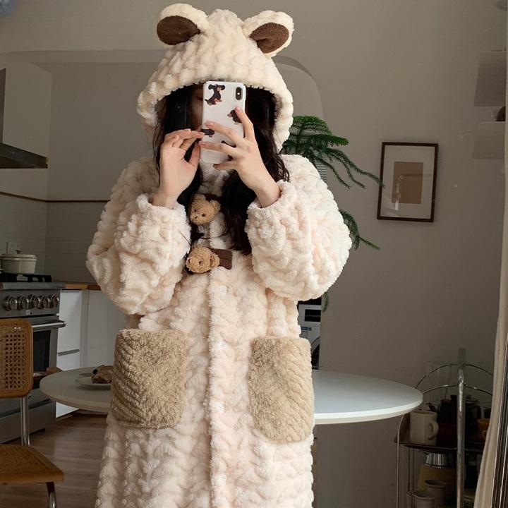 秋冬款连帽珊瑚绒睡袍女冬季加绒加厚冬天熊头浴袍长款毛绒睡衣