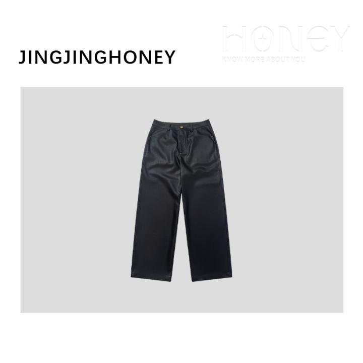 静静哈尼 【PU直筒休闲裤皮裤】时尚黑色皮裤复古休闲裤皮裤K82533