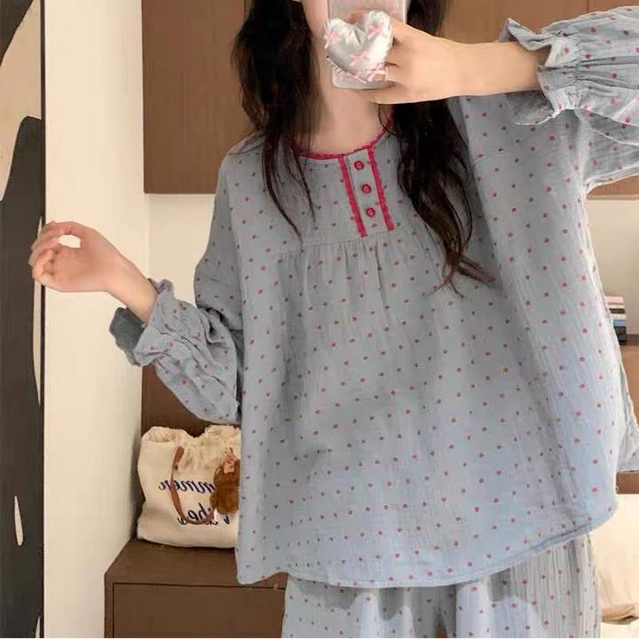 ins风韩版可爱甜美波点睡衣女春秋季长袖云朵绵高级感家居服套装
