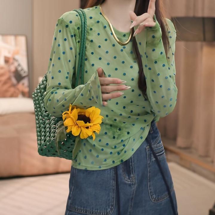设计感波点显瘦圆领长袖T恤女夏季2025薄款时尚百搭休闲洋气上衣