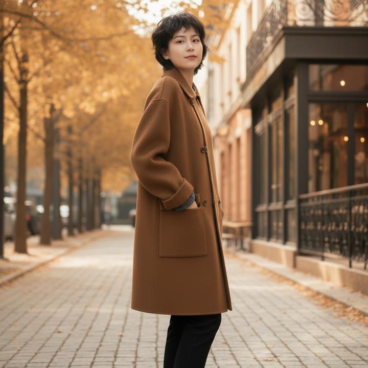 【茜罗轩】秋冬新款高端定制休闲时尚百搭娃娃领中长款双面羊毛大衣