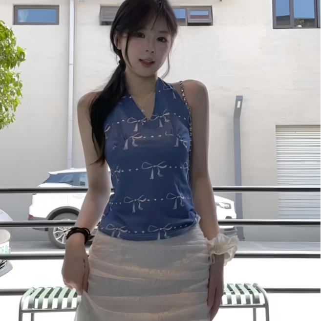 【夏日甜心】辣妹穿搭蝴蝶结印花挂脖背心韩版盐系穿搭少女感上衣女