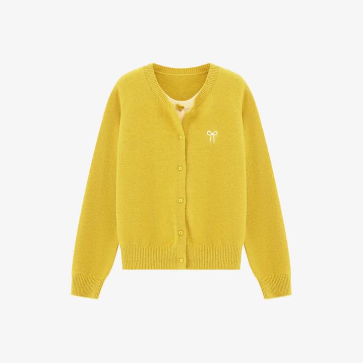 花倾慕温柔风假两件针织开衫春季软糯毛衣新款蝴蝶结刺绣上衣5203