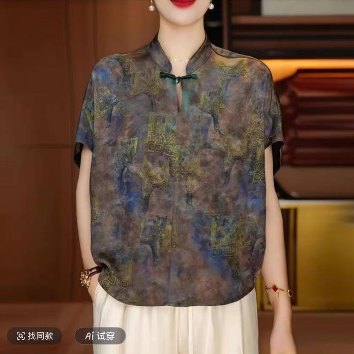 新中式小清新薄款缎面上衣夏季新款国风短袖宽松休闲气质高级衬衫