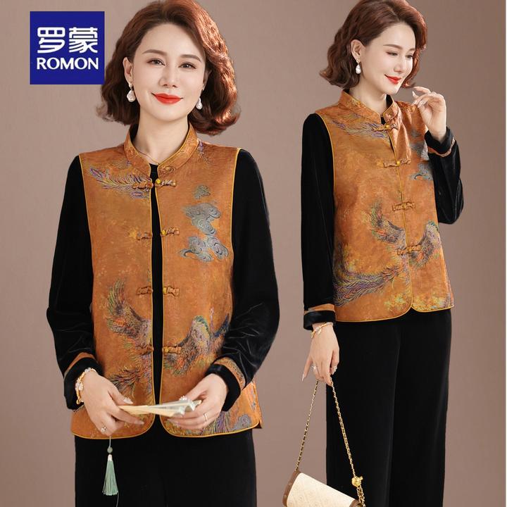 罗蒙新中式国风妈妈秋装2025新款马甲洋气中老年金丝绒两件套春秋