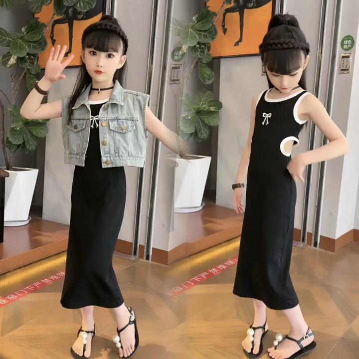 甜酷女童牛仔马甲连衣裙套装夏季新款洋气蝴蝶露腰背心裙两件套潮