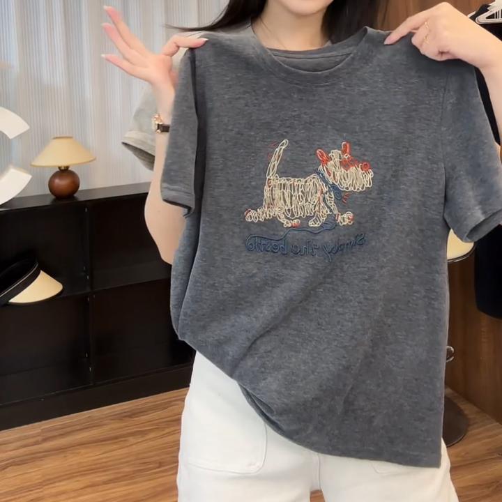 【线条小狗】新款春夏韩版风正肩T恤短袖女款时尚百搭LK2501730
