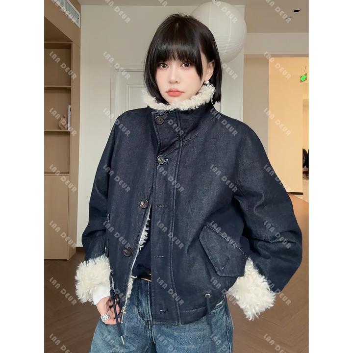 JIUJIU【榛仁奶球】高级感翻领设计感宽松保暖休闲牛仔外套女上衣