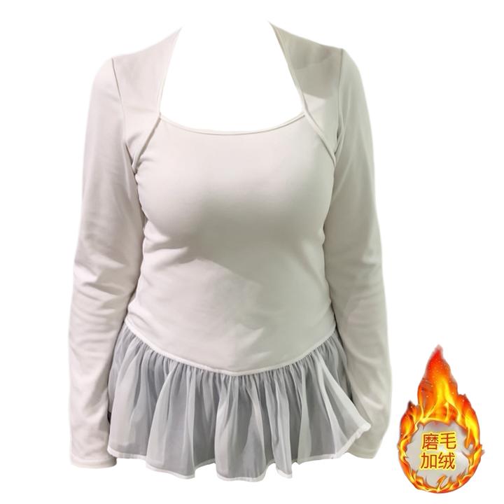 大码胖妹妹韩系网纱拼接长袖t恤秋冬新款荷叶边下摆打底内搭上衣