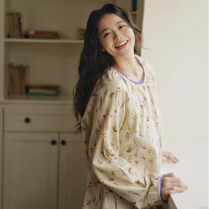 【段姐家居服】全棉磨毛碎花长袖睡衣套装圆领开衫春秋甜美可爱舒适