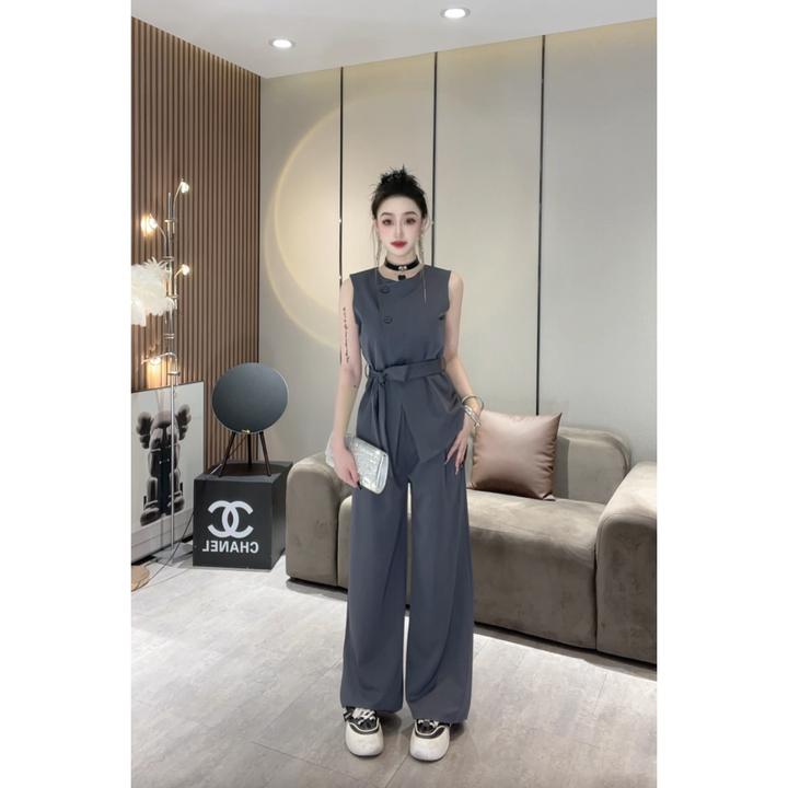 XQ8503【套装】韩版气质时尚系带马甲+新款休闲阔腿裤长裤三件套装