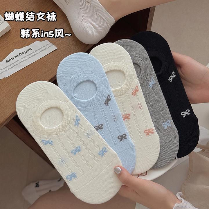 芭蕾风蝴蝶结船袜女防滑不掉跟隐形薄款无骨miu系夏天浅口短筒棉