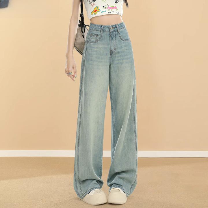 阔腿牛仔裤女夏季薄款宽松双侧线垂感小个子莱赛尔高腰直筒裤
