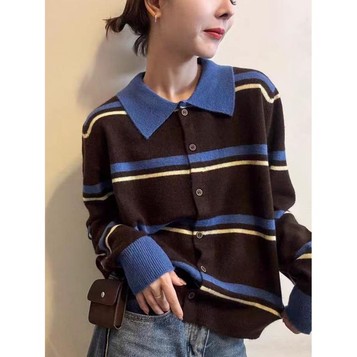 美式复古风撞色翻领条纹长袖女2025年秋季新款修身显瘦时尚上衣女