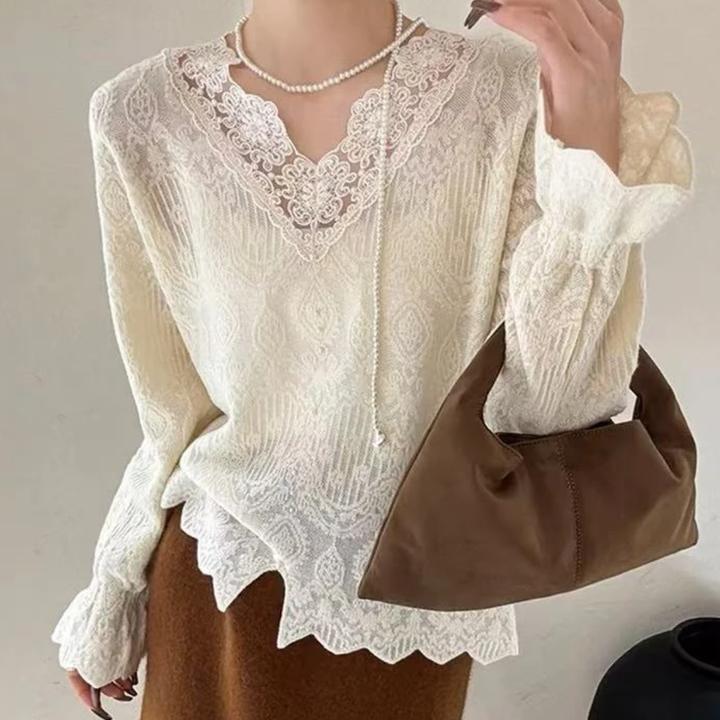 韩系高级感蕾丝钩花针织衫女春季2025新款设计感时尚洋气长袖上衣