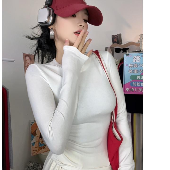 {路飞自制}秋冬通勤螺纹修身型长袖T恤短款女士纯色显瘦#3926