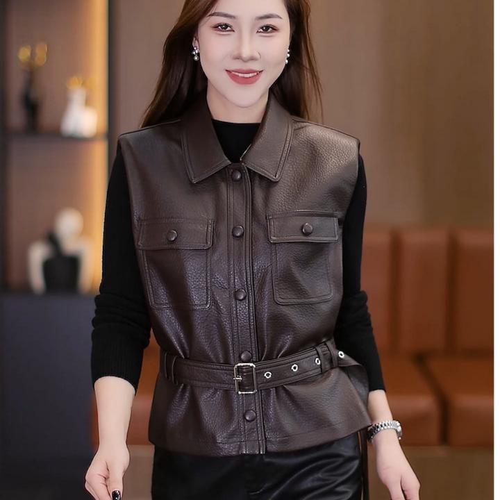 高级皮马甲女2025秋季新款复古腰带显瘦短款无袖皮衣背心外套上衣