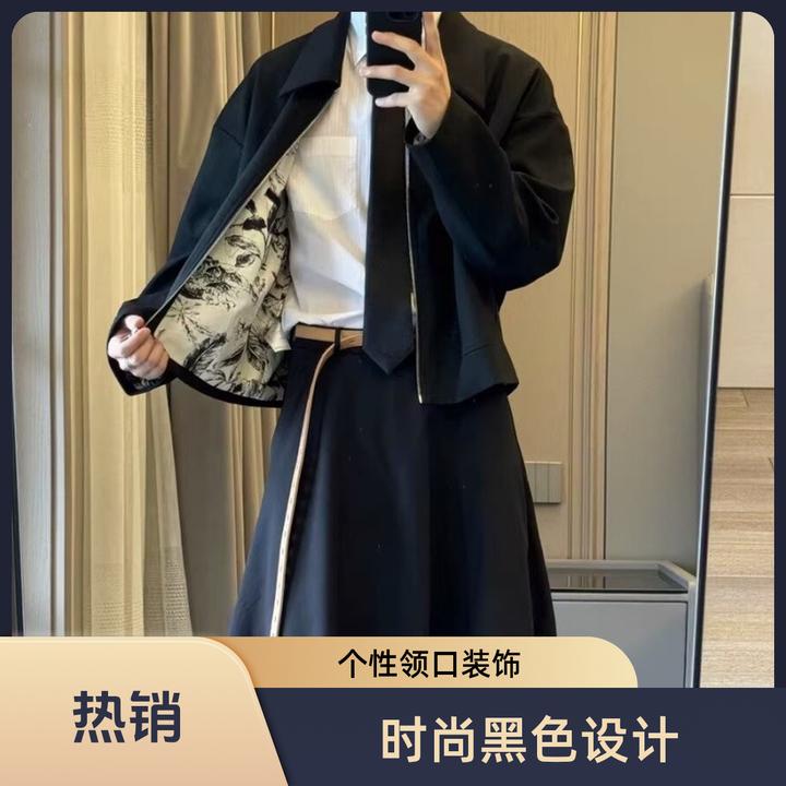 欧美复古短款垫肩工装外套男士显瘦春秋季潮牌英伦风夹克褂子男