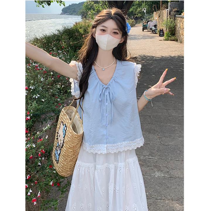 十三行2025夏季新款蕾丝木耳边拼接娃娃小衫背心女甜美无袖衬衫