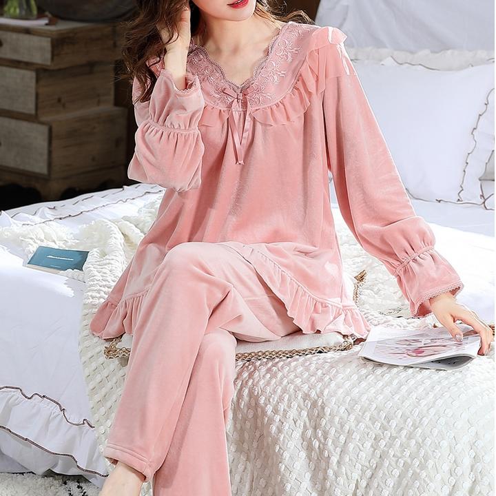 约蒂宾弗珊瑚绒睡衣女士秋冬季套头加厚法兰绒公主风春秋家居服