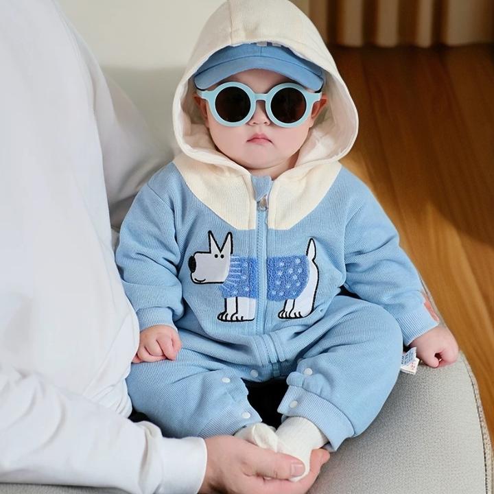 春秋款拼接小狗哈衣婴幼儿内棉双层可爱童趣男女宝拉链款连体爬服