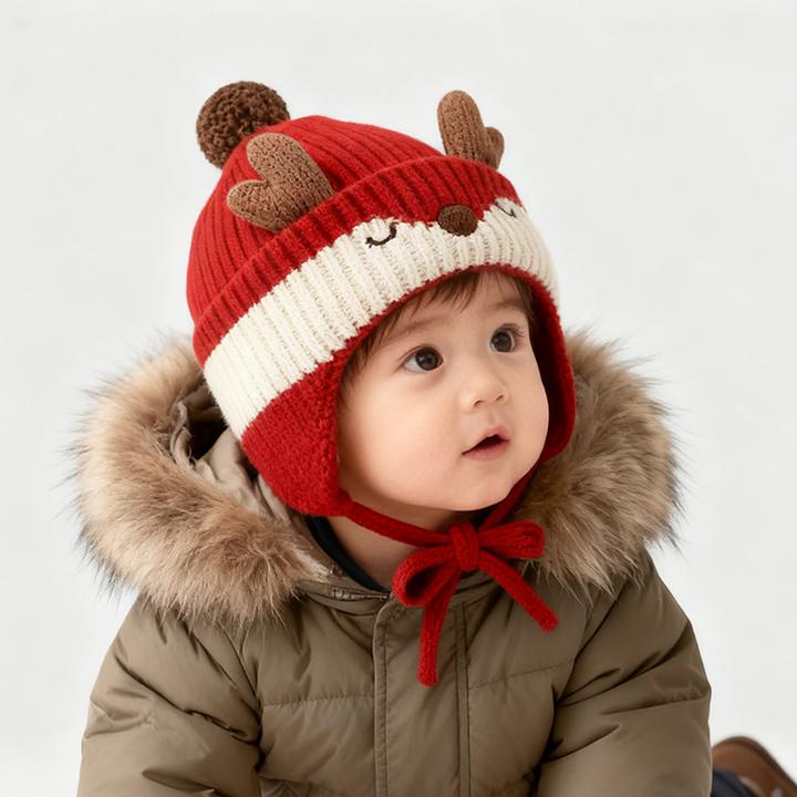 宝宝毛线护耳帽子秋冬季针织圣诞红色新年男童女童婴儿韩版套头帽