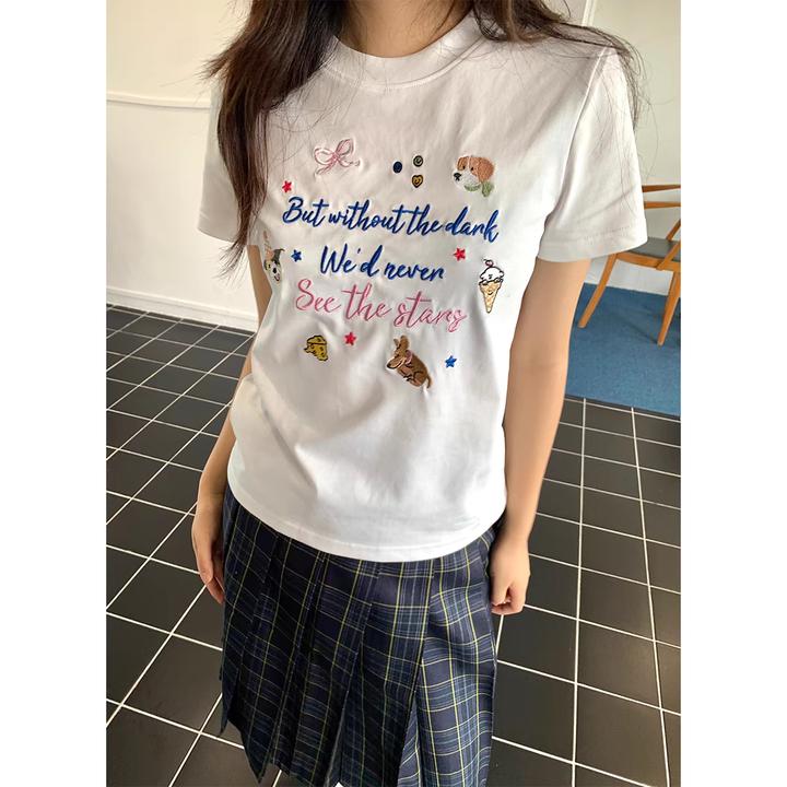 韩系少女短袖正肩T恤字母动物刺绣童趣减龄显瘦夏季上衣