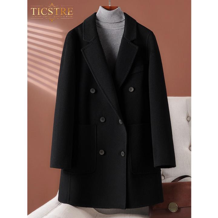 TICSTRE黑色双面羊绒大衣女2025年秋冬季高端小个子羊毛呢外套