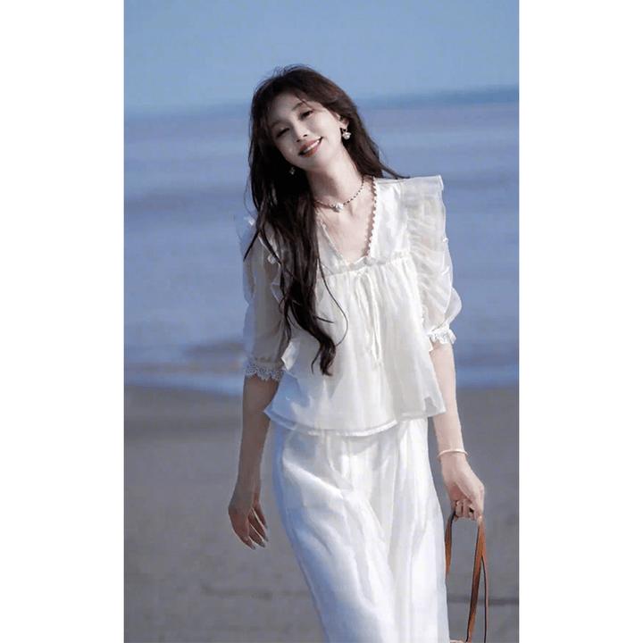 气质名媛风淑女复古减龄套装夏季防晒超仙短袖上衣阔腿裤两件套装