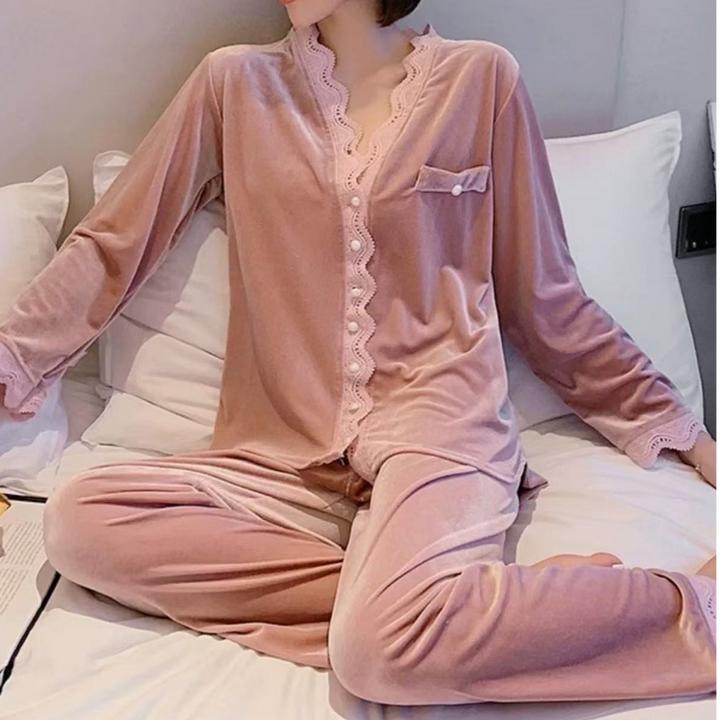 金丝绒睡衣女款性感春秋款网红风长袖黑色秋冬新款家居服长裤外套