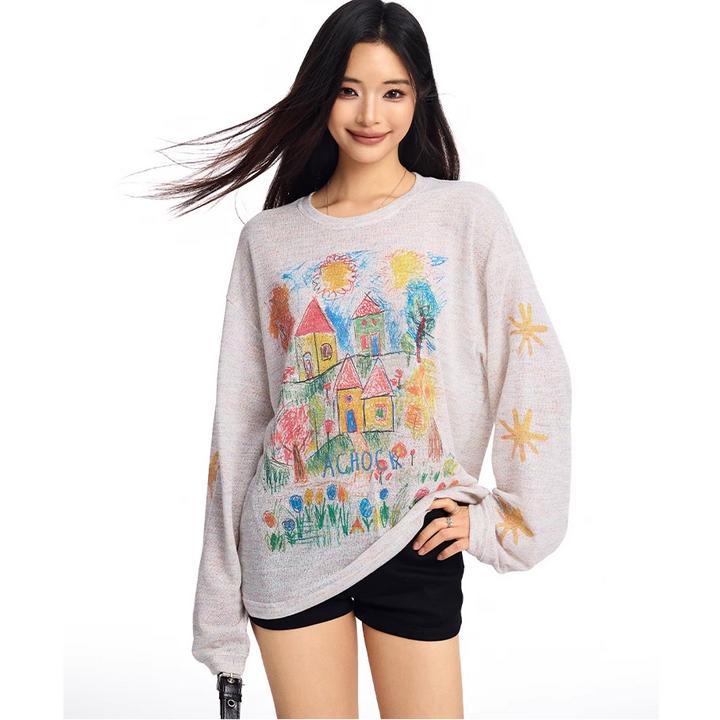 早秋针织衫罩衫[6米运补]潮牌时尚手绘上衣打底薄透气长袖T宽松女