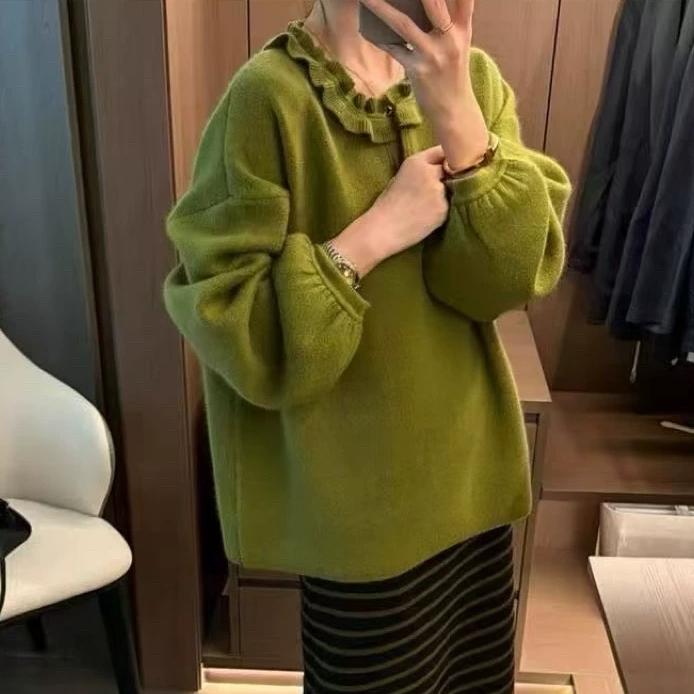 法式温柔风木耳边V领设计感针织衫女2025秋冬新款巨好看宽松上衣