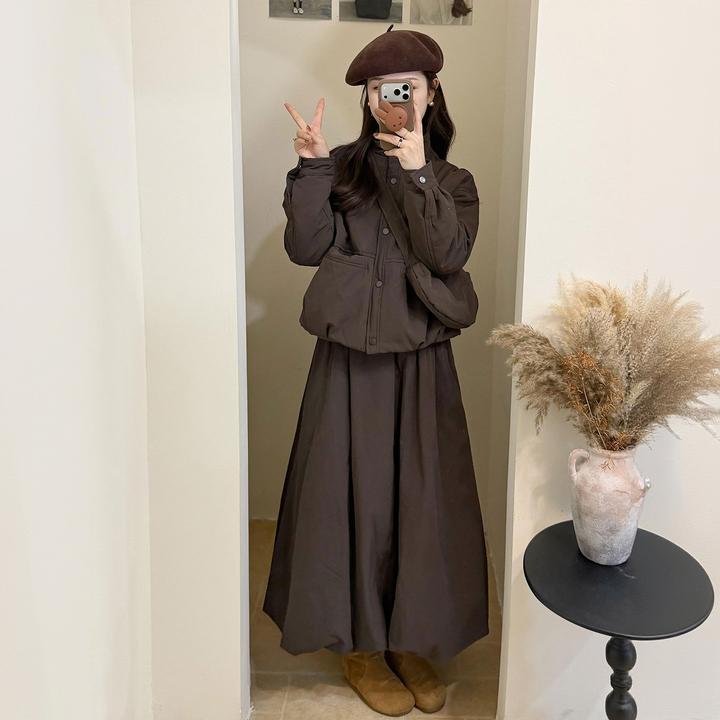 韩系时尚漂亮套装女冬季新款韩系小个子短款宽松外套半身裙两件套