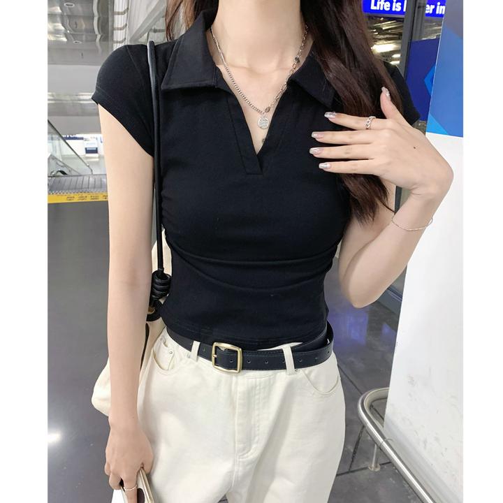 黑色螺纹高弹polo领短袖t恤女夏季新款小众v领显瘦休闲运动风上衣