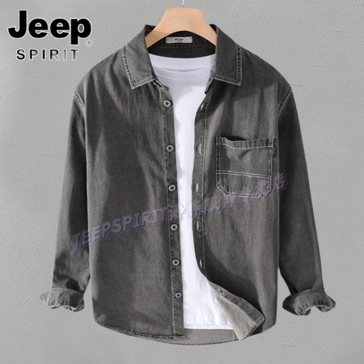 Jeep吉普日系不对称男长袖衬衫帅气休闲潮流秋季水洗牛仔复古衬衣