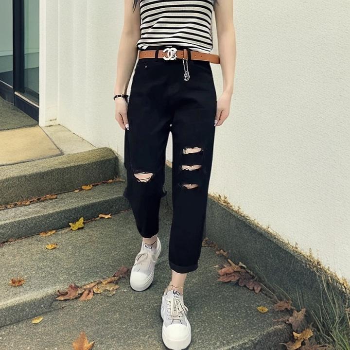 大码高腰弹力破洞牛仔裤2025春季宽松显瘦胖mm九分哈伦老爹裤子女