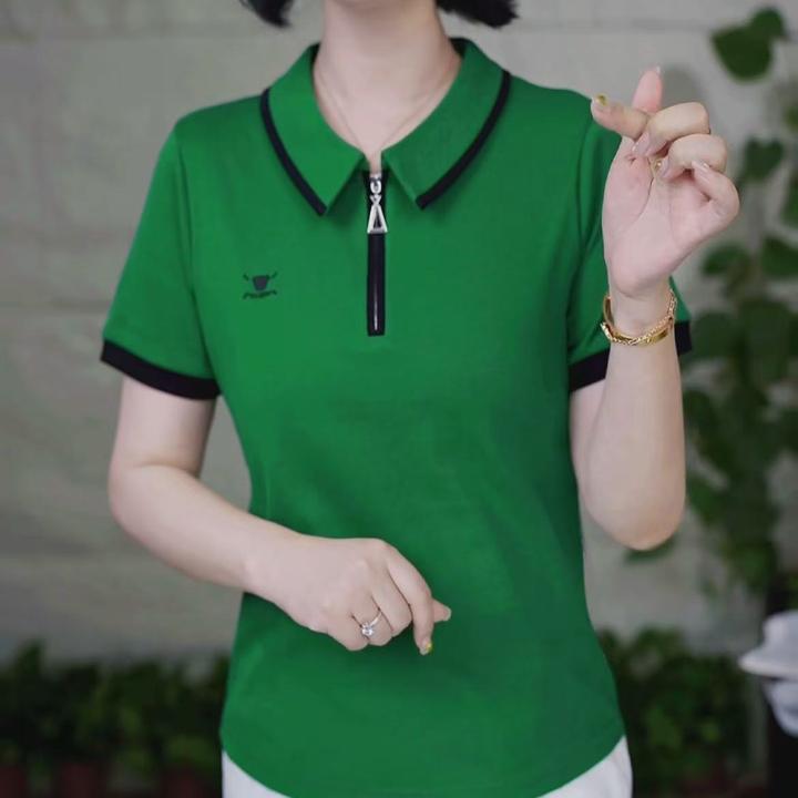 夏季新品翻领短袖正肩T恤宽松刺绣时尚修身短款休闲上衣（美段）