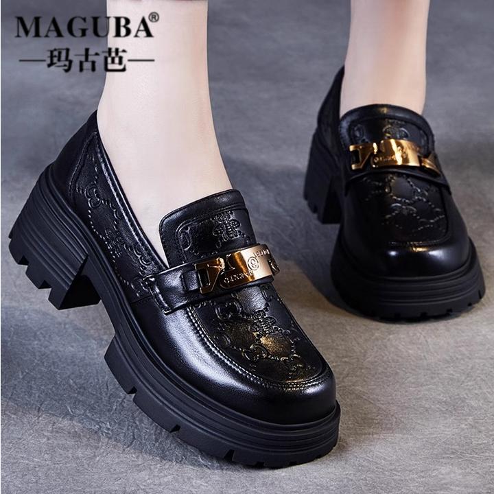 MAGUBA/玛古芭厚底乐福鞋女款单鞋一脚蹬百搭内增高小皮鞋英伦风