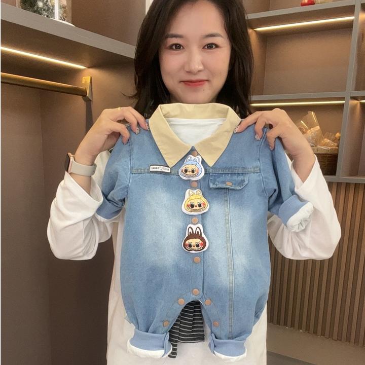 春秋新款韩版翻领三只拉布牛仔长袖连体男女宝宝婴幼儿哈衣爬爬服