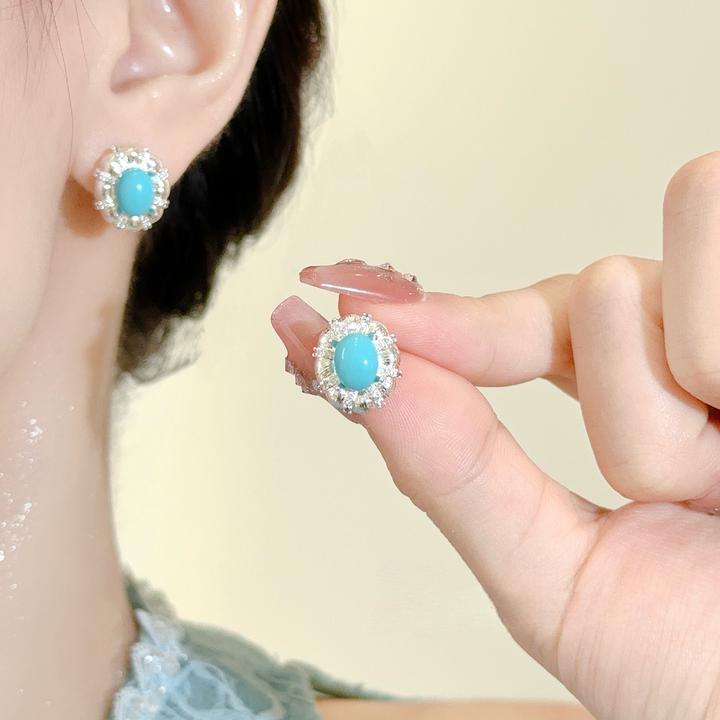 铜合金耳饰 法式复古蓝色椭圆耳钉女轻奢小众高级感气质百搭耳饰