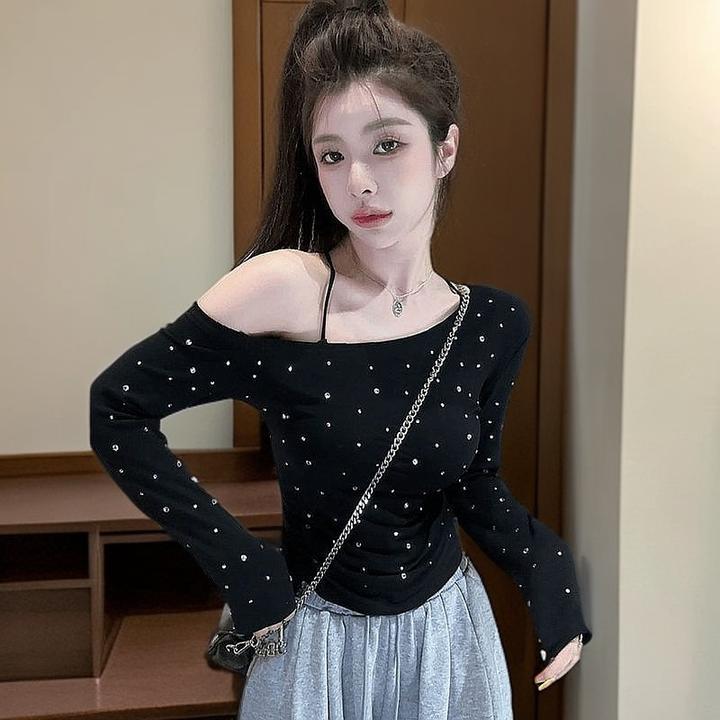 气质肩上【XIAO女烫衫黑色小众打底】 BA 一字不规则衣洋气WANG钻