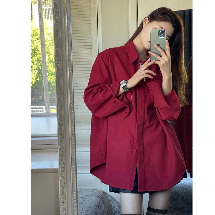 【太好穿了】藏肉显瘦韩版复古衬衫中长款秋冬衬衣宽松红色长袖上衣