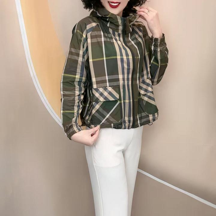 16新款初夏薄款不加衬方格时尚宽松大码休闲薄外套，衣长57